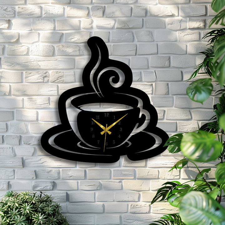 The crisp edges and intricate borders of the black coffee cup decorative metal art wall clock stand out against the textured white brick.