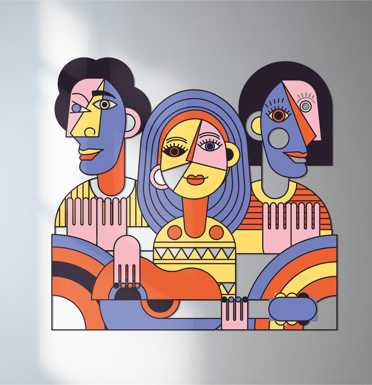 Cool tones of violet and blue contrast with the warm yellows and oranges in this vibrant cubist musician trio metal artwork, creating visual balance.