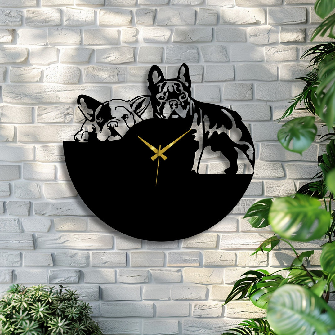 Layering effect showcased in this decorative metal art bulldog duo metal wall clock, a modern dog design that offers a unique depth.