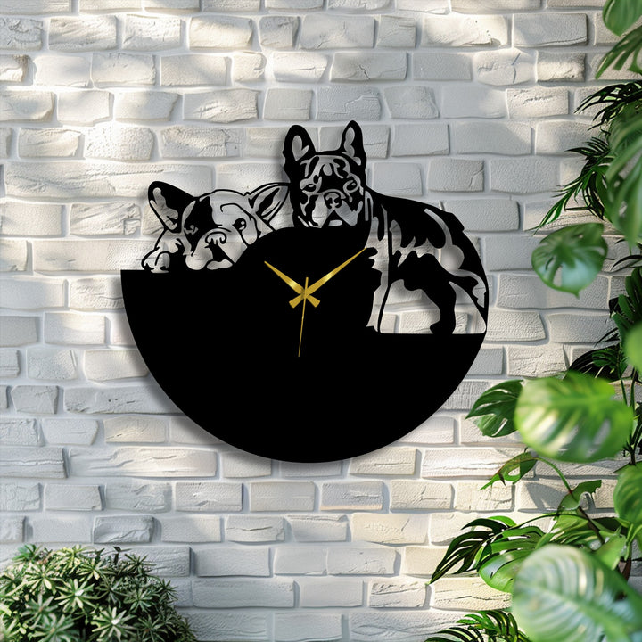 Layering effect showcased in this decorative metal art bulldog duo metal wall clock, a modern dog design that offers a unique depth.