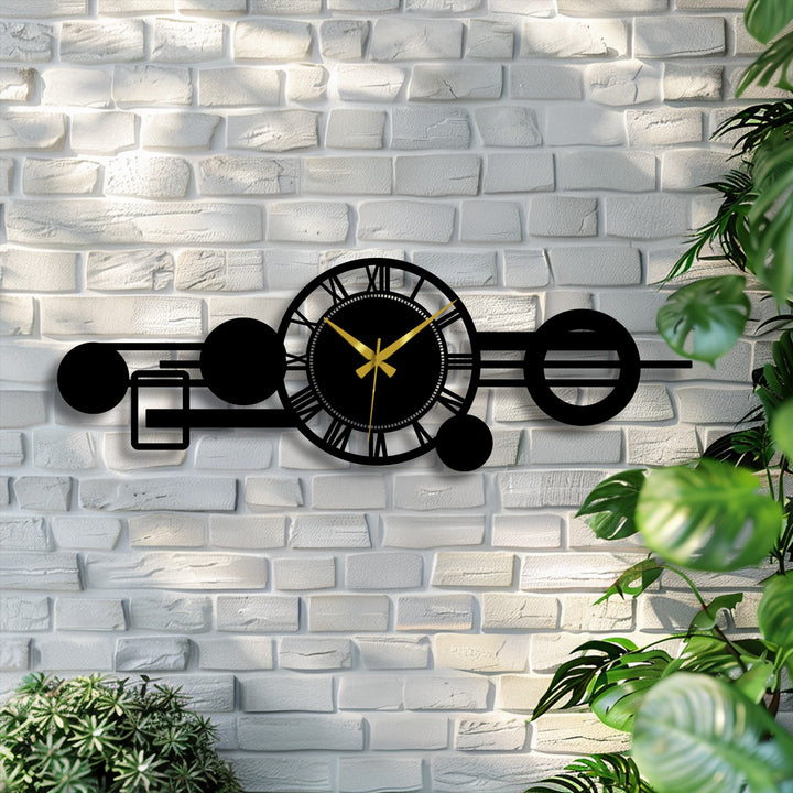 Highlighting the edge and borders, this modern roman metal art for wall clock features an abstract geometric orbit design with a sleek, dark border.