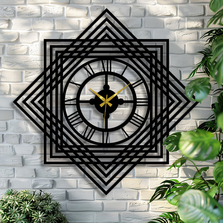 Highlighting the layering effect, this geometric metal wall clock features a succession of squared frames creating unique metal wall art with layered depth around a Roman numeral clock face.