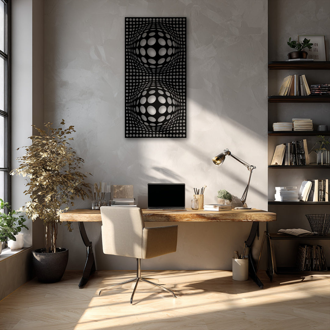 Soft neutral hues frame a striking geometric optical illusion decoration wall art, featuring hypnotic spheres in monochromatic tones.