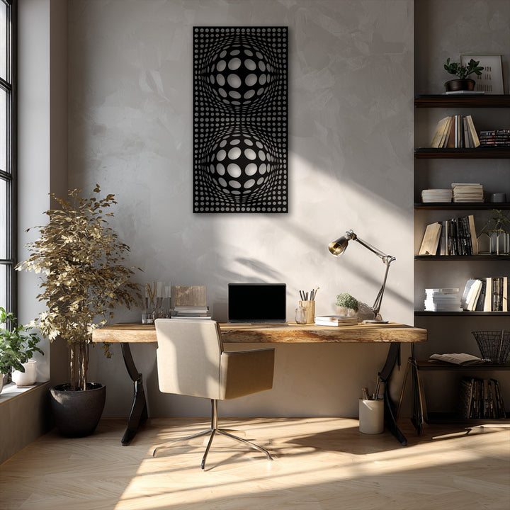 Soft neutral hues frame a striking geometric optical illusion decoration wall art, featuring hypnotic spheres in monochromatic tones.