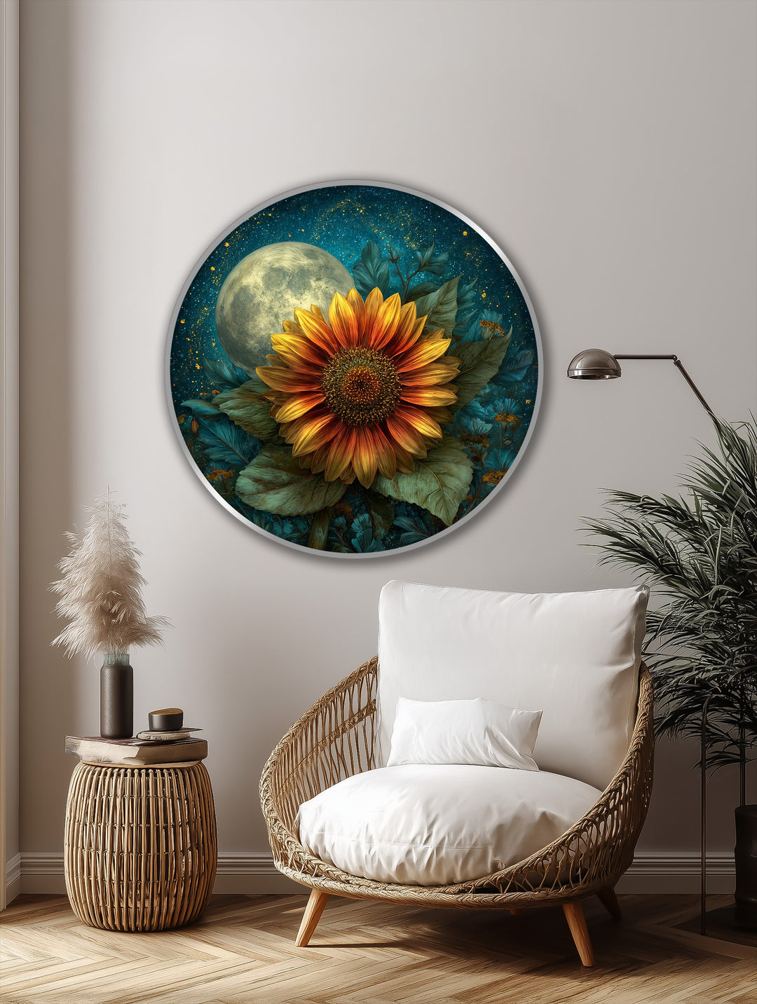 Moonlit Sunflower Bloom – Dreamlike Floral Round Oil Painting