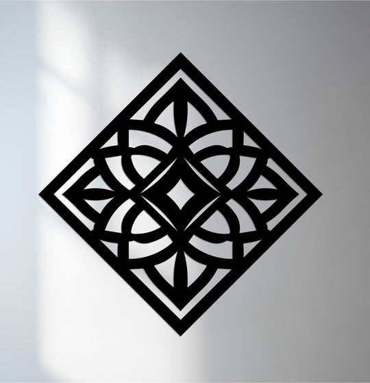 Deepest within the diamond harmony mandala geometric design reveals the elegant metal artwork, laser-cut to define its balanced form.