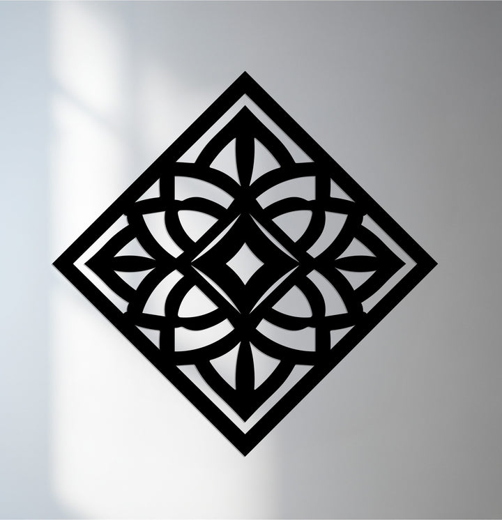 Diamond-shaped geometric mandala metal wall art