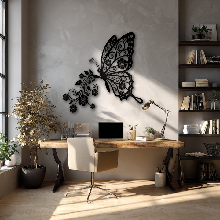 Crafted from premium quality metal, this exquisite floral butterfly metal art for wall showcases intricate design with a superior finish.