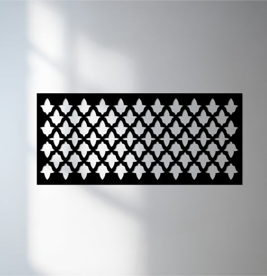 Black is the dominant color in this geometric metal wall decor panel, highlighting the harmony pattern in this modern metal wall art piece.