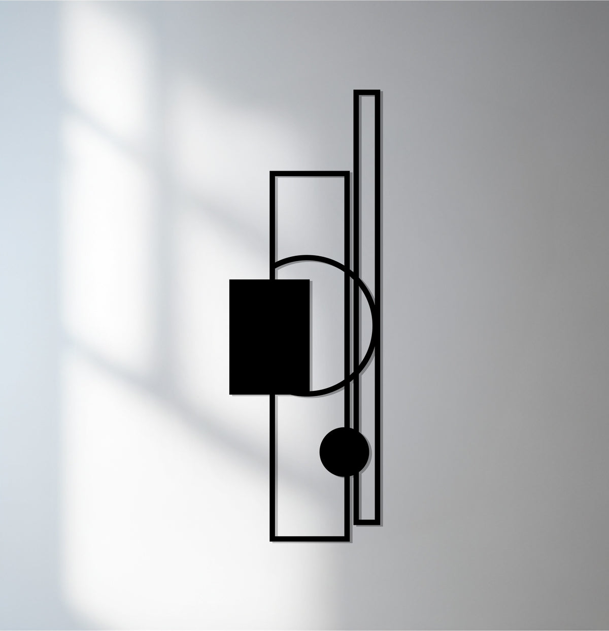 Illuminated by the brightest area, this decoration wall art features a modern geometric design with minimalist lines in sleek black metal.
