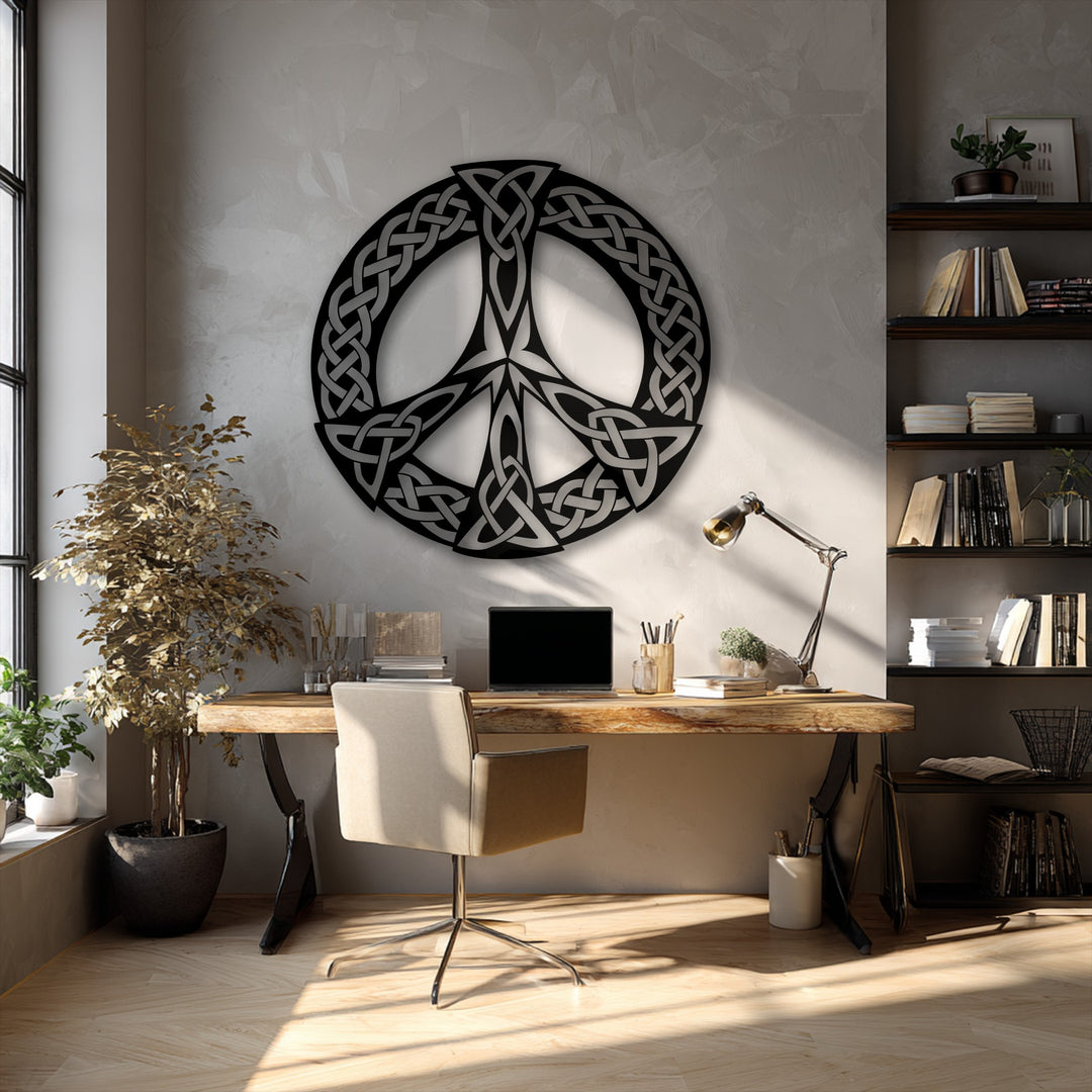 The background features a subtly textured light gray wall, providing a calm setting for the striking Celtic knot peace symbol metal artwork.