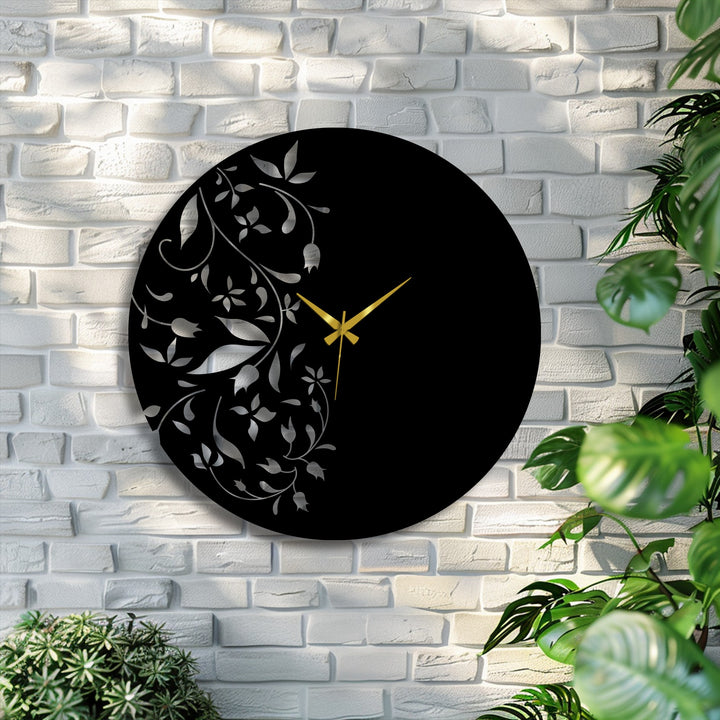 Swirling floral leaves and elegant golden hands create a dynamic sense of movement within this minimal leaf design metal wall clock, a unique decoration wall art.