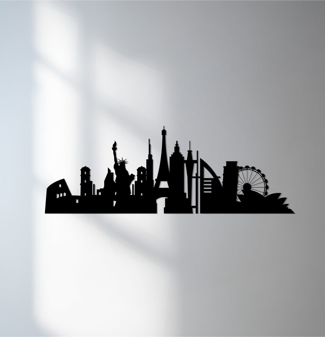Global landmarks skyline metal wall art