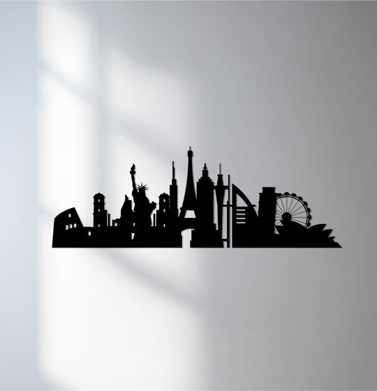Global landmarks skyline metal wall art