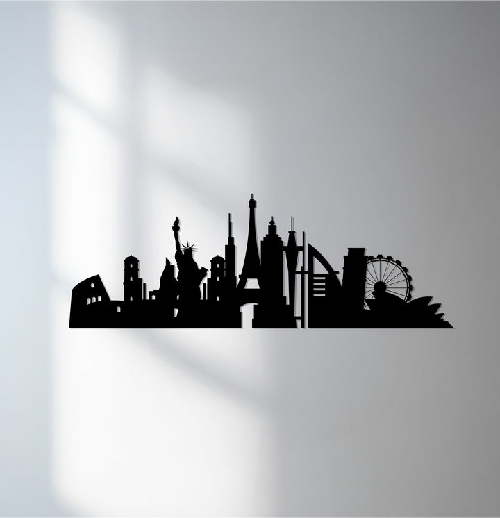 Global landmarks skyline metal wall art