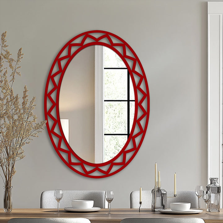 Reflecting the realistic detail, the geometric oval floor mirror presents a contemporary bathroom mirror design with a striking red frame, offering a unique focal point.
