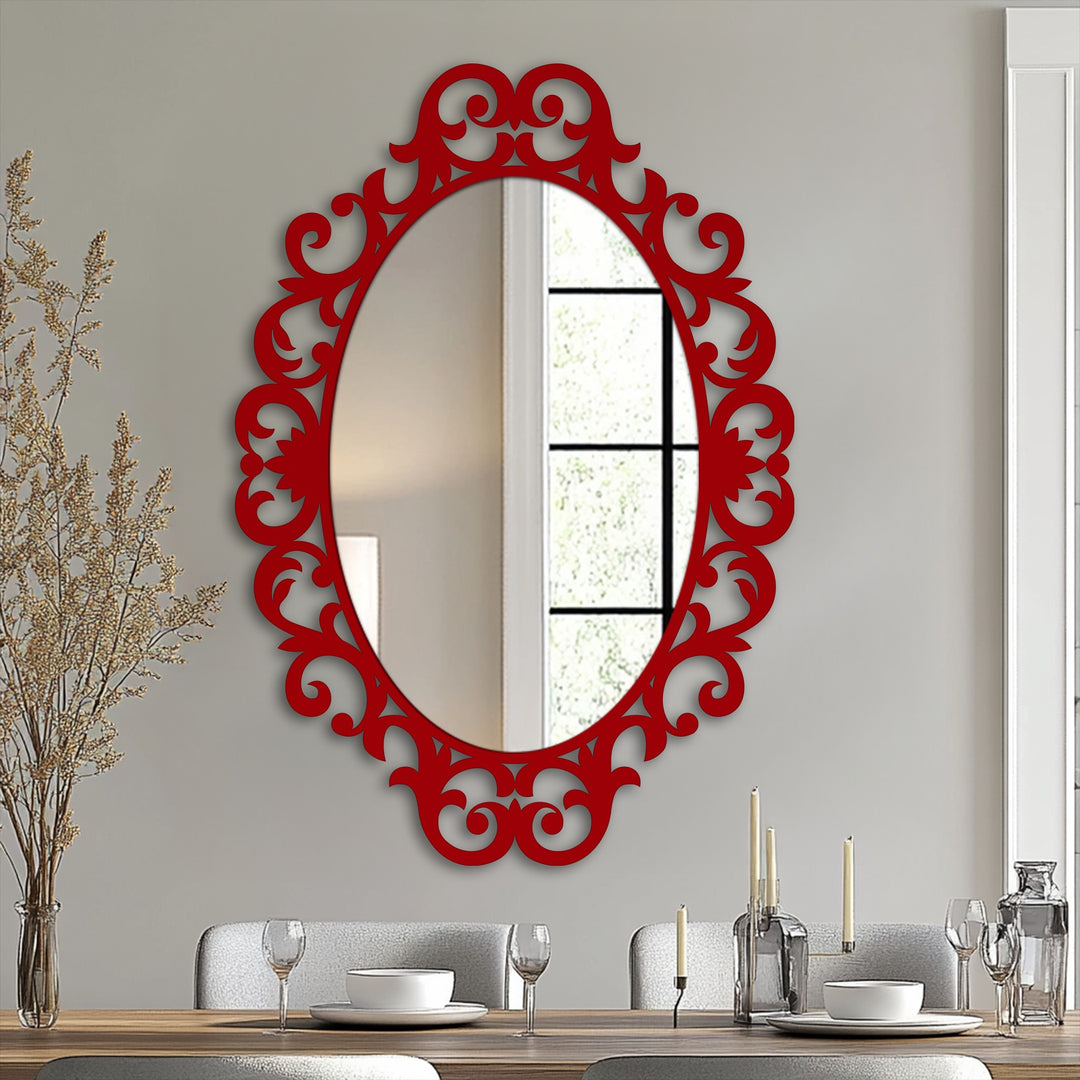 Showcasing depth with layered reflections, this oval bathroom mirror features an ornate scroll frame, adding dimension to its reflective surface.