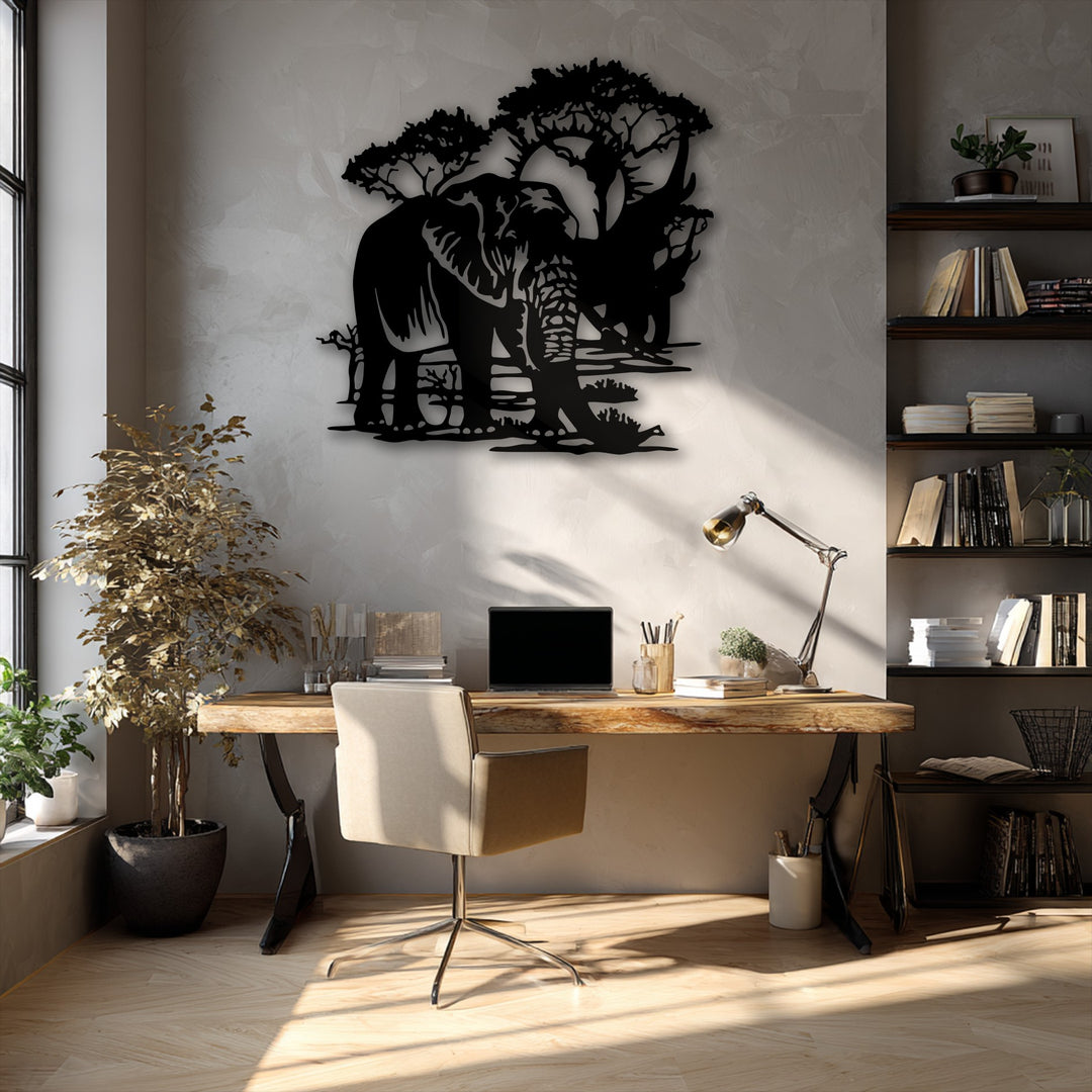 The subtle transition from sunlit wooden floors to the shadowed wall highlights the majestic elephant metal decoration wall art.