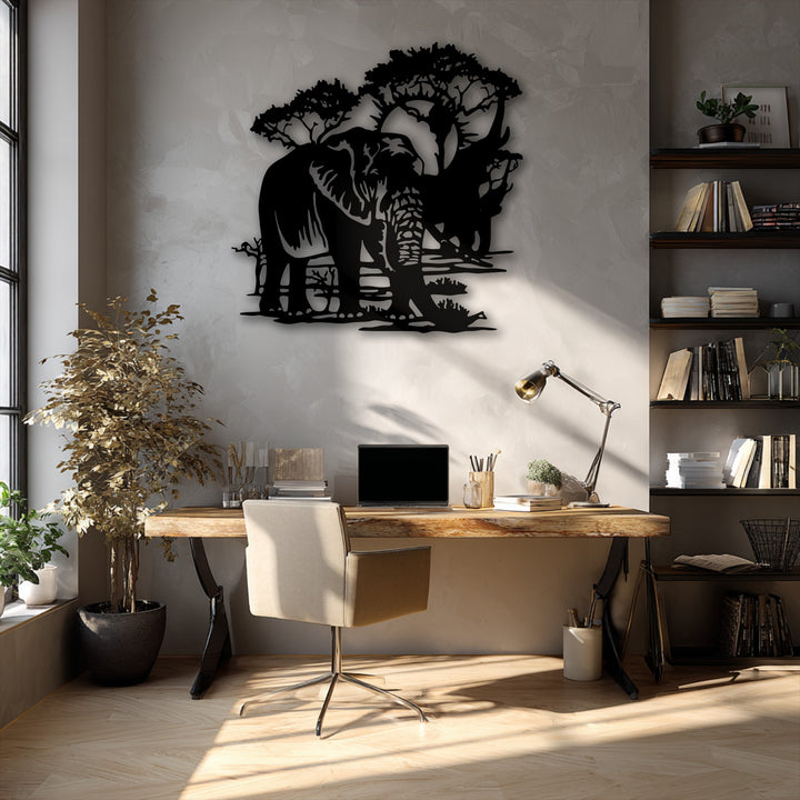 The subtle transition from sunlit wooden floors to the shadowed wall highlights the majestic elephant metal decoration wall art.
