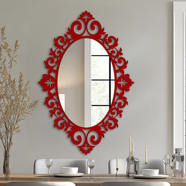The baroque elegance floral oval floor mirror showcases its realistic detail in a modern mirror, reflecting light and adding depth to the sophisticated baroque metal frame.