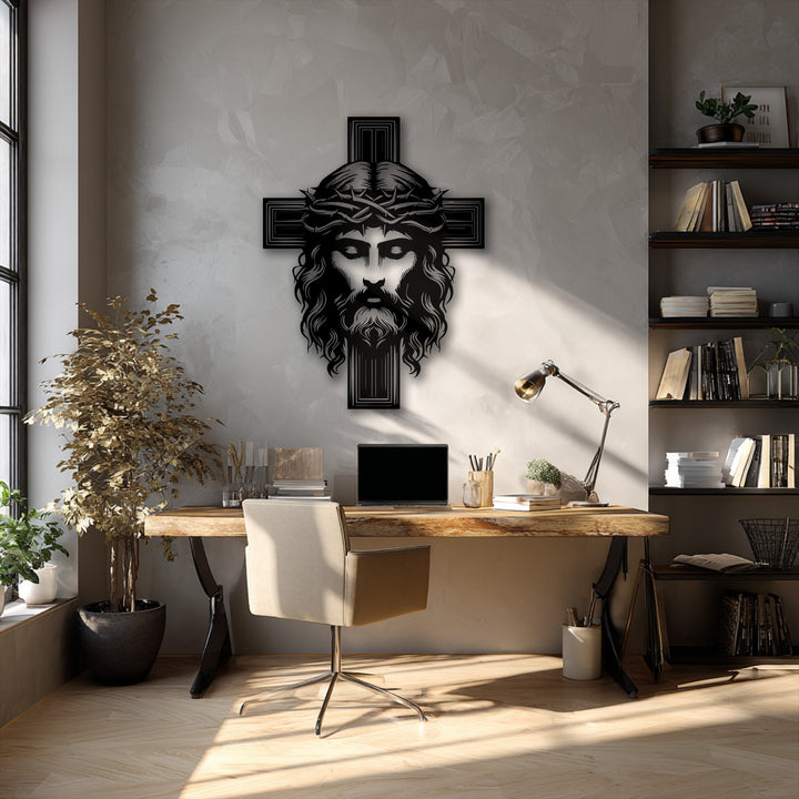 The central subject is a powerful black metal decoration wall art of Jesus Christ's face with a crown of thorns on a sacred cross.