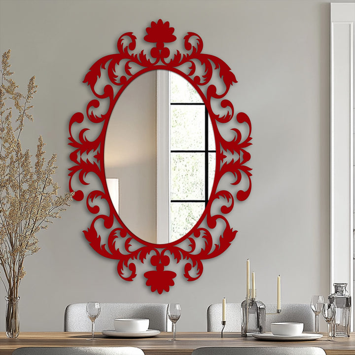 The stillness of the room is reflected in this royal baroque scrollwork oval framed wall mirror.