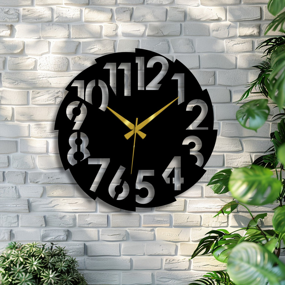 Negative space highlights the cut-out numbers of this modern split number metal wall decor clock, creating a unique contrast in this large decorative wall clock.