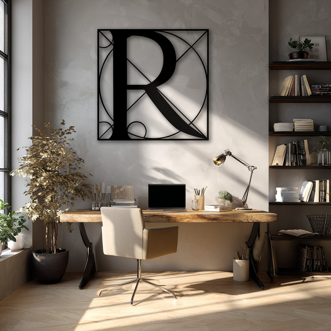 Dynamic geometric lines and the striking Letter R metal artwork create a fluid visual flow with dancing light and shadows across the textured wall.