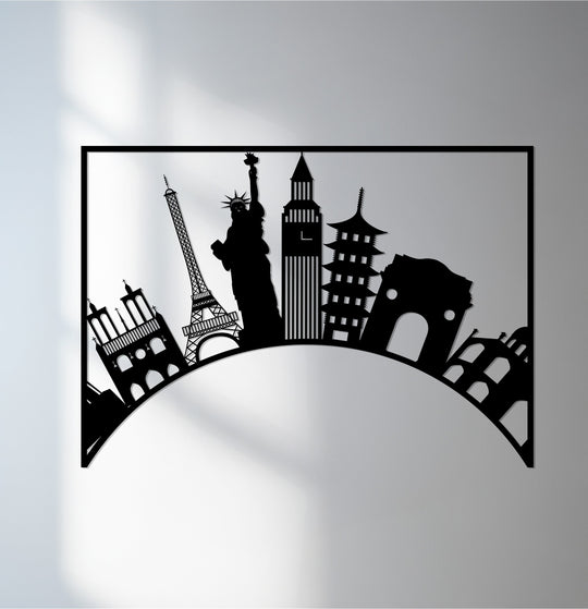 World landmarks skyline metal wall art