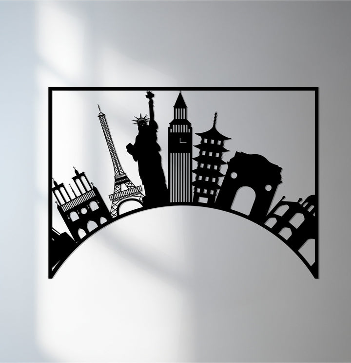 World landmarks skyline metal wall art