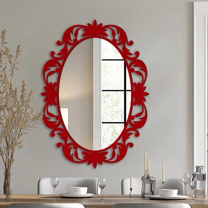 Highlighting the layering effect, this modern wall mirrors show how its Victorian Grace Floral Oval shape overlaps with the room's reflection.