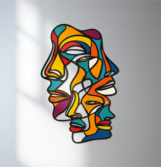 Enclosed by the black outlines, the darkest area accentuates the bold and contemporary metal wall decor of the abstract colorful faces, revealing a modern expressionist design.