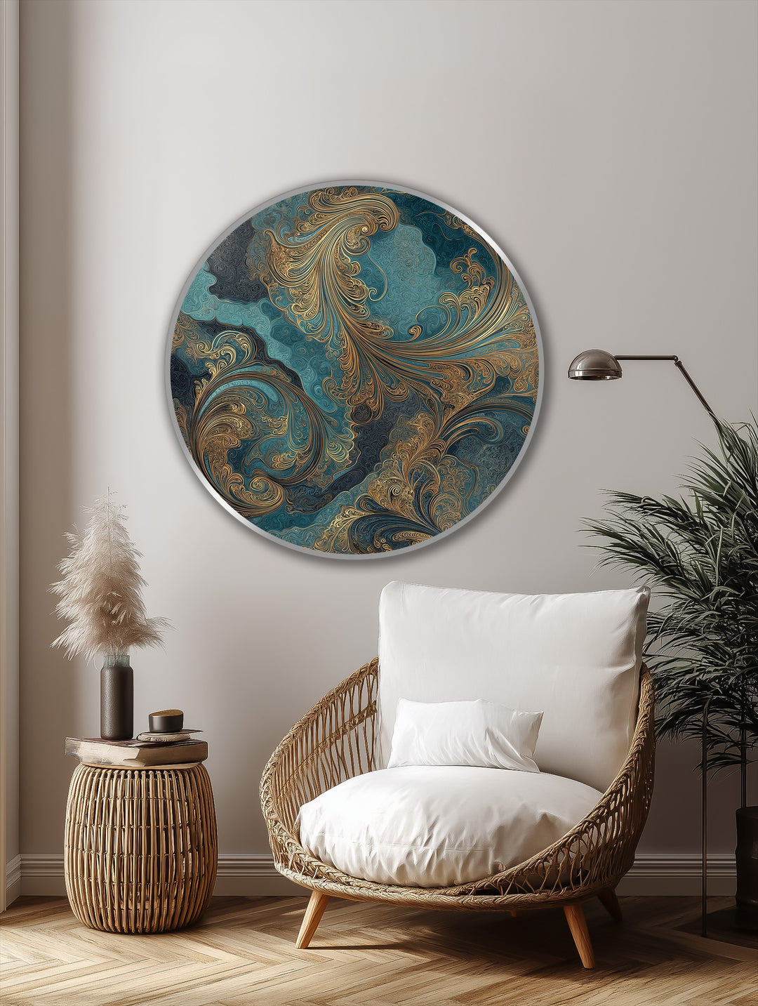 White space highlights the dynamic gold filigree and teal hues of this striking round oil painting art piece, creating a focal point in a modern room.
