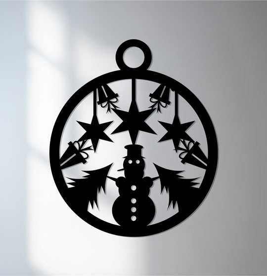 Depicting the focal point, this black unique metal wall art features a snowman with stars, bells, and Christmas trees for festive holiday decoration.