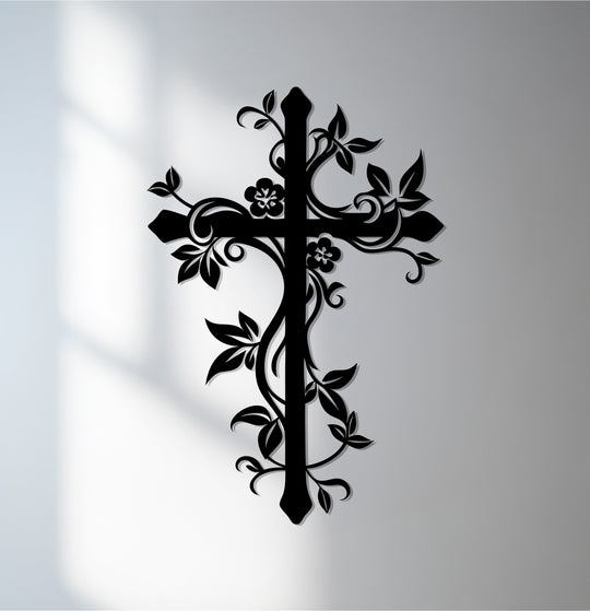 Highlighting the brightest area, this metal artwork showcases a delicate floral cross design, adding a touch of faith and elegance to your home décor.