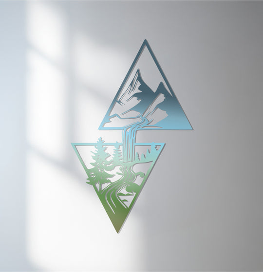 Soft, diffused natural light creates a muted backdrop for this striking mountain river flow geometric nature-inspired metal artwork.