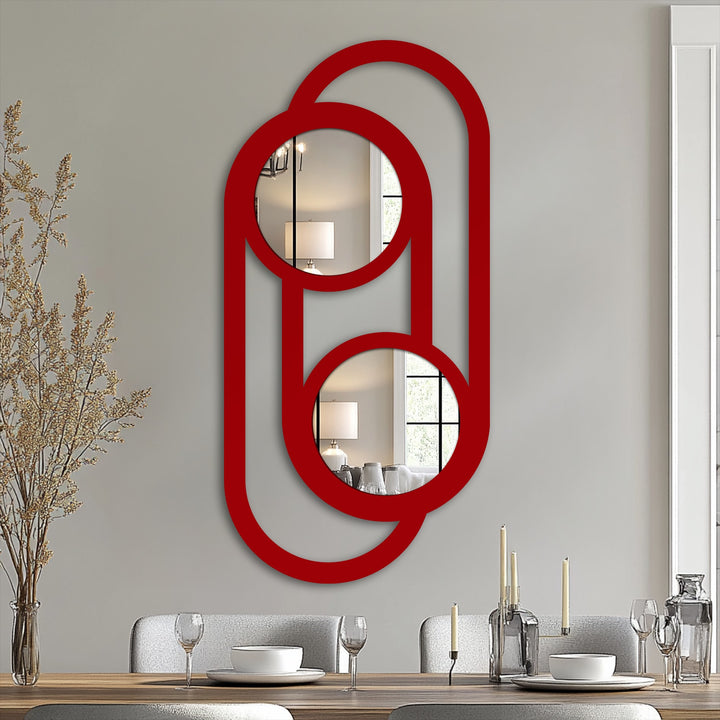Showcasing the layering effect, this double circle link presents a modern metal artwork with interconnected shapes forming a unique mirror for wall decor.