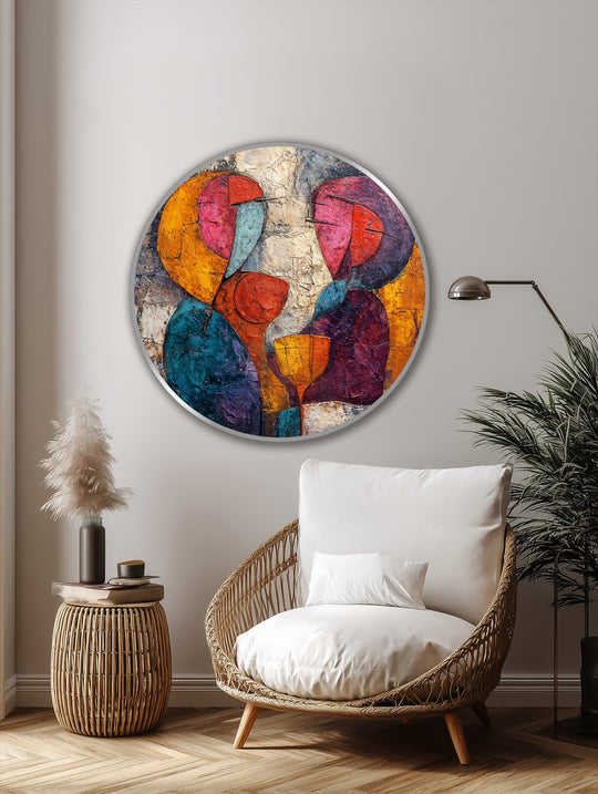 Visual rhythm is created through the repetition of colors and shapes in this round abstract lovers oil painting art piece, inviting a sense of connection.