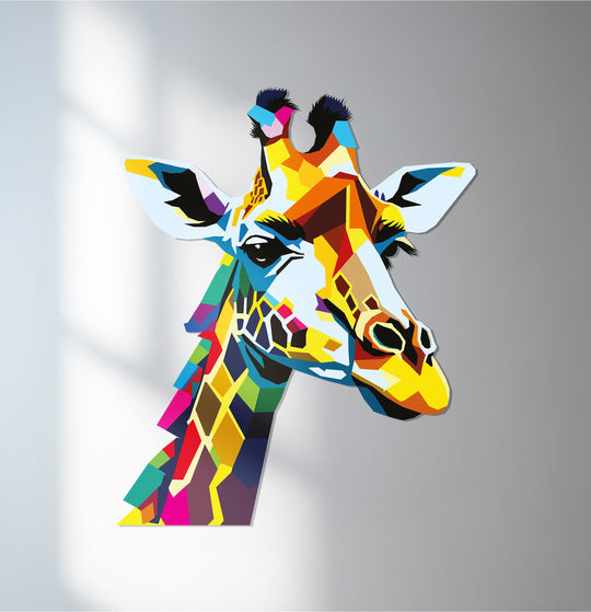 Bold color contrast highlights the geometric design of this colorful giraffe unique metal wall art, offering a vibrant modern animal decor piece.