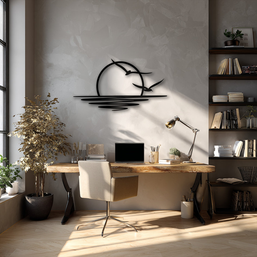 The stark black silhouette of the minimalist sunset seagull metal decoration wall art dramatically contrasts with the light textured wall.