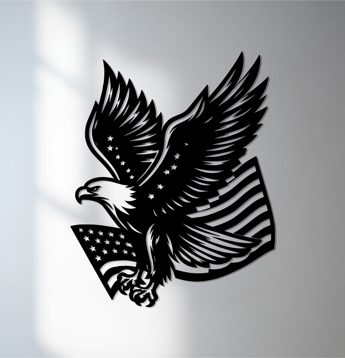 Striking color contrast defines this unique metal wall art depicting an American eagle with the USA flag, showcasing a bold design.
