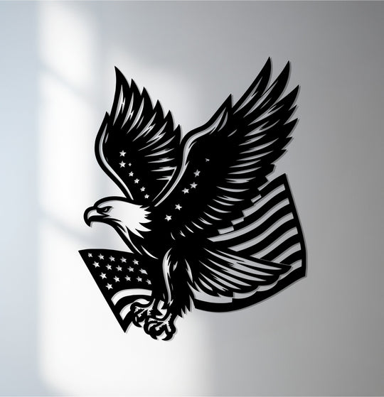 Striking color contrast defines this unique metal wall art depicting an American eagle with the USA flag, showcasing a bold design.