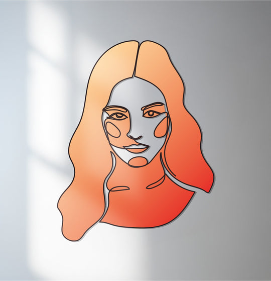 The focal point highlights the abstract woman's metal artwork, a modern line art piece with warm gradients providing elegant, unique decor.