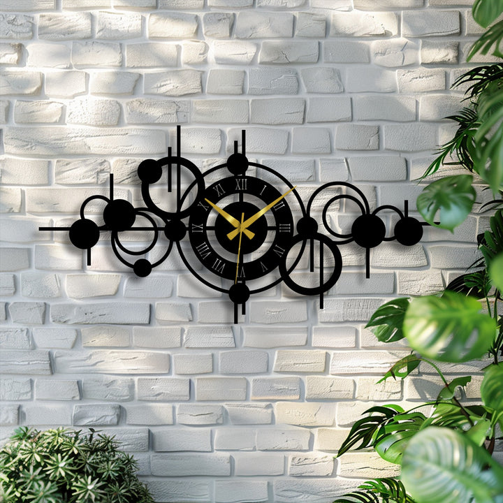 High color saturation showcases a modern abstract circle orbit metal artwork wall clock with Roman numerals, adding a geometric touch to wall decor.