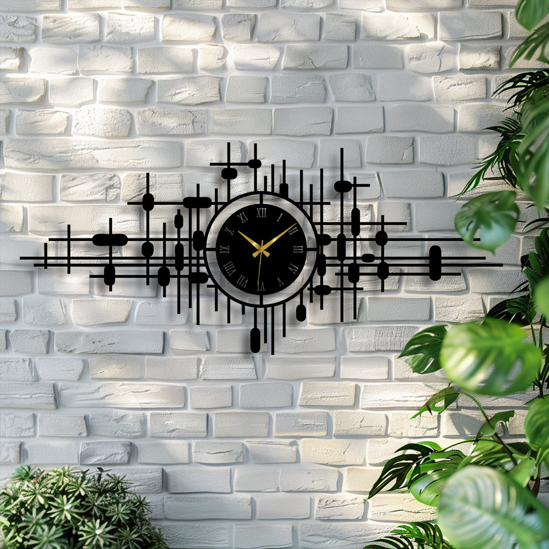 The dynamic, abstract grid and radiating lines of this modern metal wall clock create a captivating sense of movement, presenting a piece of unique metal wall art.