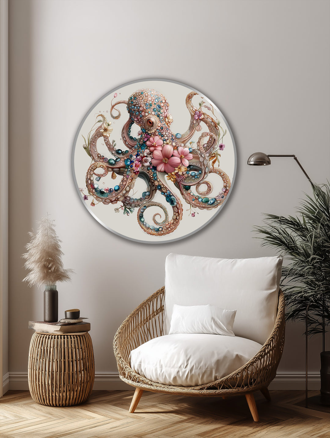Pulpo redondo con joyas florales Cuadro al óleo con elegante motivo oceánico