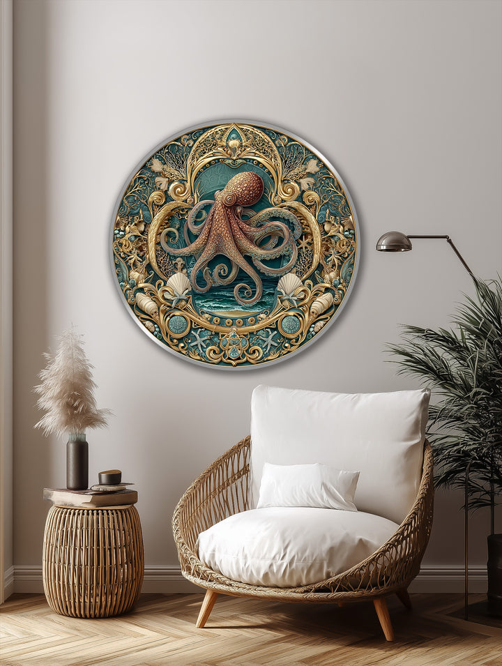 The deepest shadows define the ornate, baroque-style octopus round oil painting, accentuating its rich gold and teal hues, an impressive oil painting decoration.