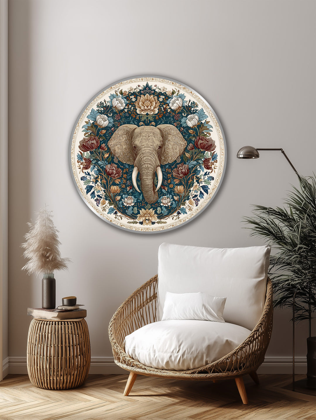Elefante Floral Majestuoso – Redondo Cuadro al óleo sobre madera