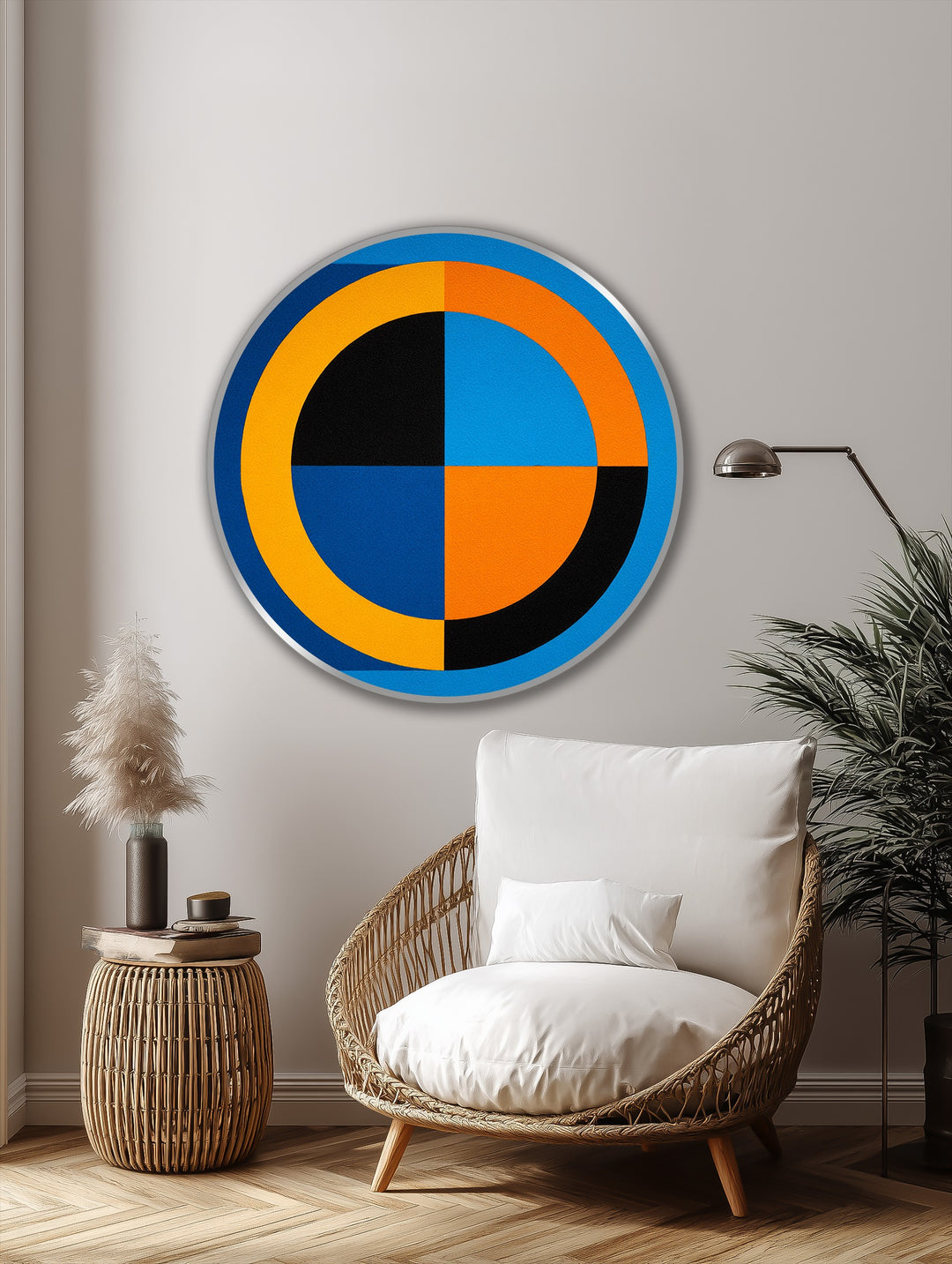 Bold Geometry in Blue and Orange – Modern Abstract Round Oil Painting