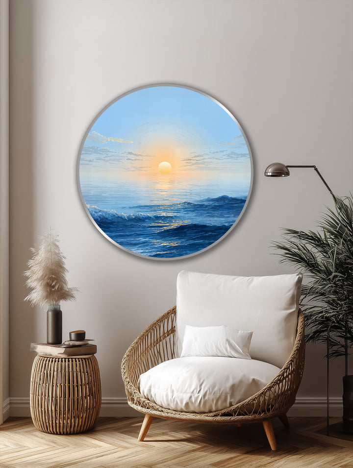 Warm color temperatures radiate from the sun's reflection across the ocean in this serene seascape round oil painting, creating a cozy oil painting decoration.